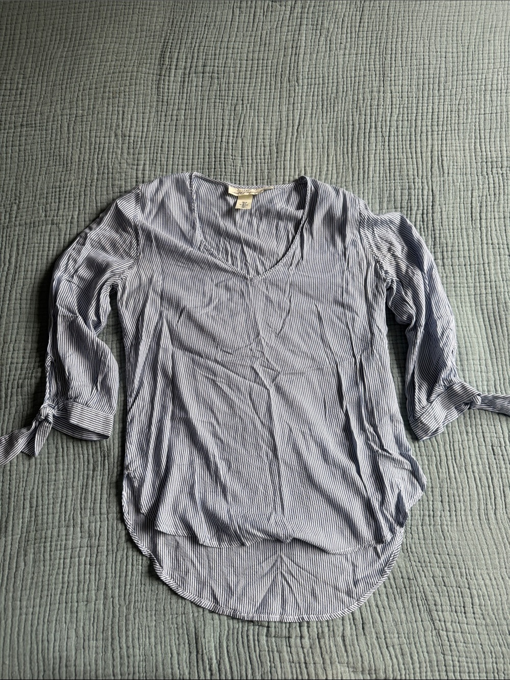 H&M Light Blue & White Striped V-Neck Tie-Sleeve Top
